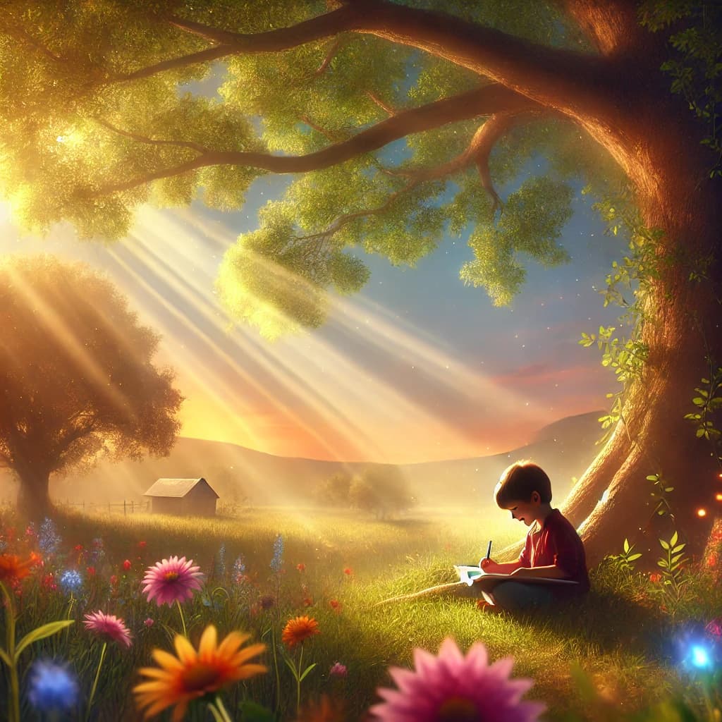 DALL·E 2024-12-17 22.38.29 - A serene and emotional scene symbolizing hope and resilience. The image features a child sitting under a large, sprawling tree, writing in a notebook